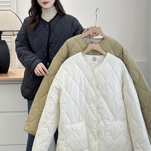 菱形格前短后长棉衣外套 胖m200斤时尚 棉服女宽松大码 2024秋冬新款