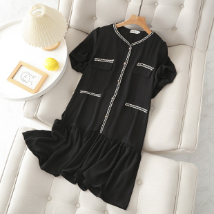 宽松遮肚子短袖 小香风荷叶边花苞袖 裙子 雪纺连衣裙女胖mm夏季 大码