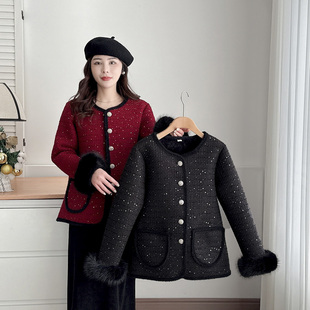大码加绒外套女新年战袍胖mm时尚洋气亮片可拆卸毛毛袖小香风上衣