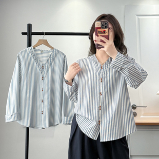 条纹衬衫女大码2026春季新款胖mm200斤韩版褶皱v领遮肚子长袖上衣