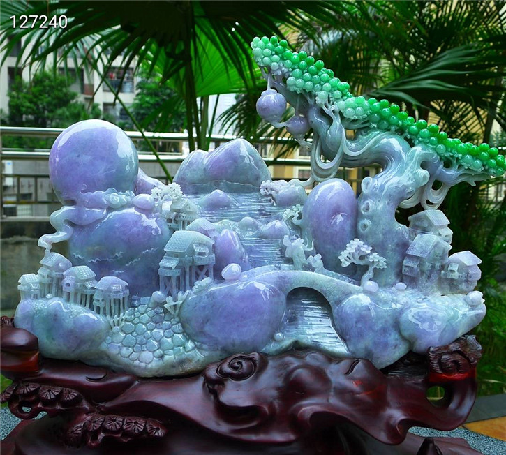 缅甸天然翡翠A货老坑种 精雕高山流水摇钱树摆件 配证书