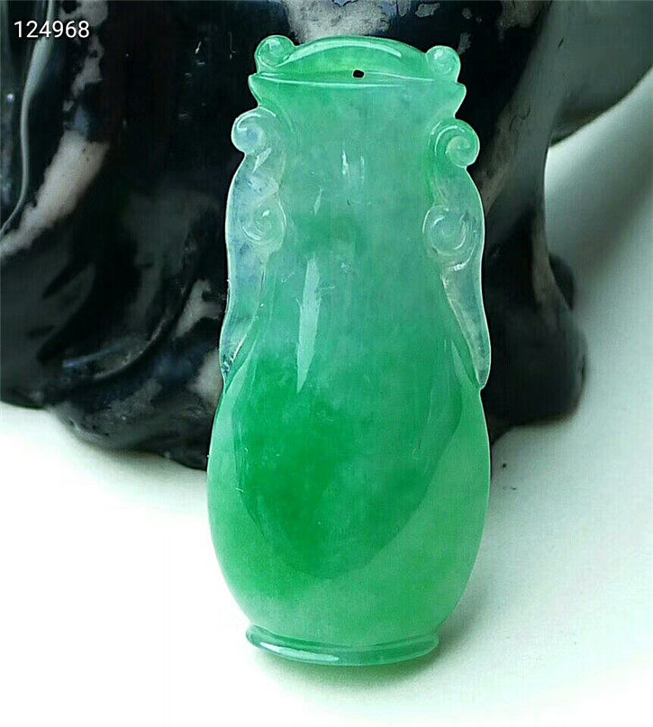 天然翡翠A货老坑种翡翠 精美瓶子阳绿色吊坠 配证书