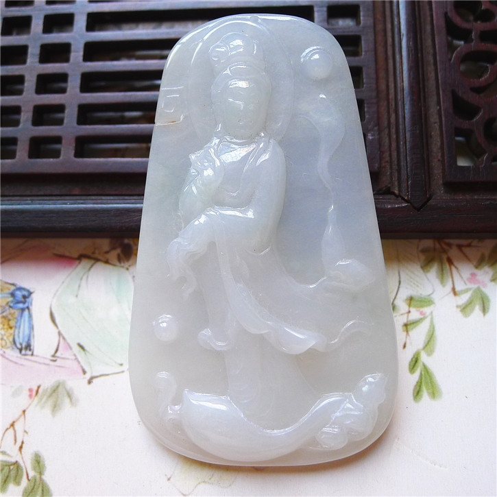 老坑种精雕配鉴定证书观音吊坠