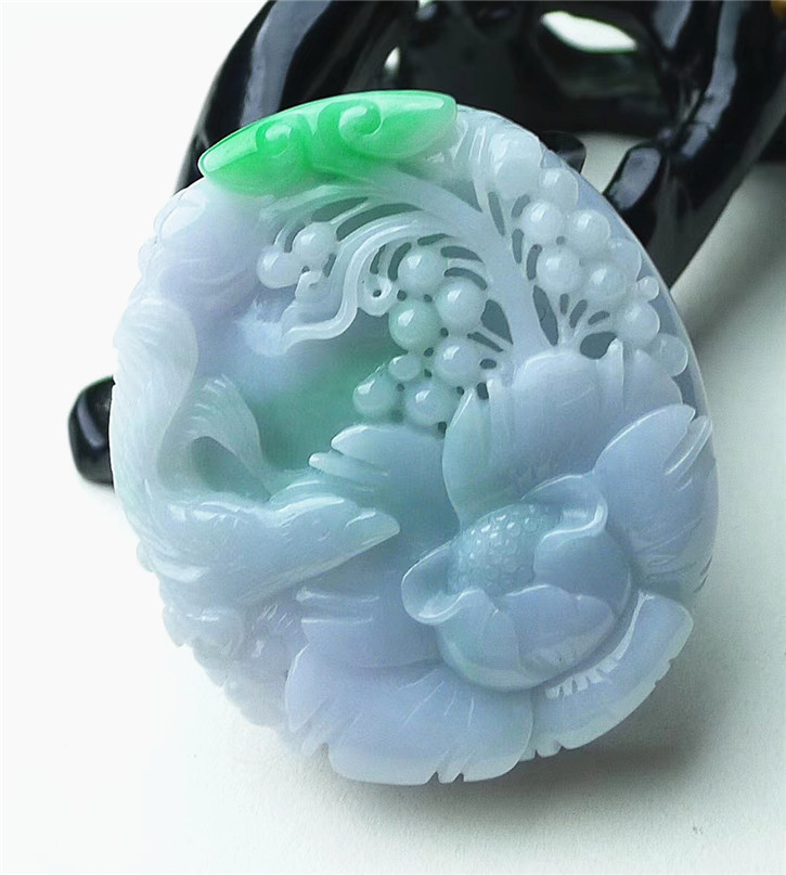 缅甸天然翡翠A货老坑种 精雕花开富贵鸟语花香吊坠 配证书