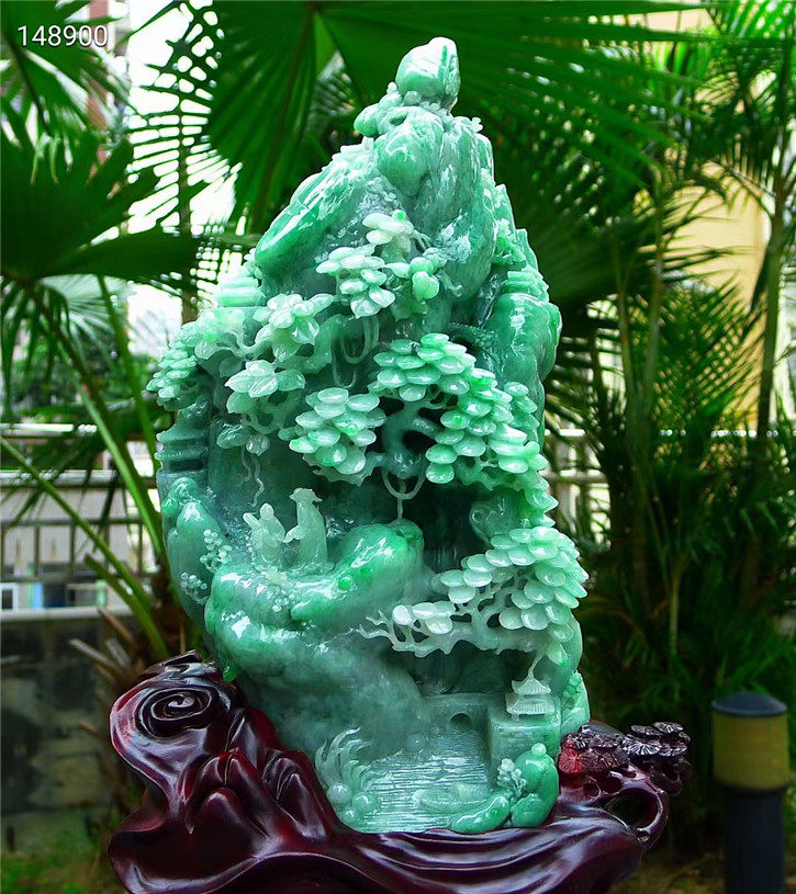缅甸天然翡翠A货老坑种 精雕青山绿水高山流水摆件 配证书