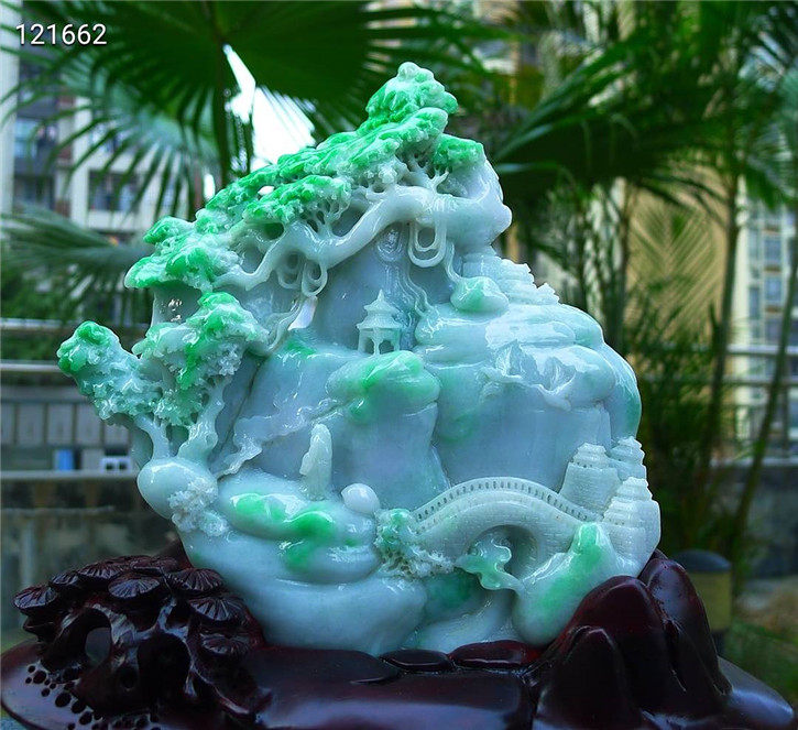 缅甸天然翡翠A货老坑种 精雕阳绿色山水高山流水摆件 配证书