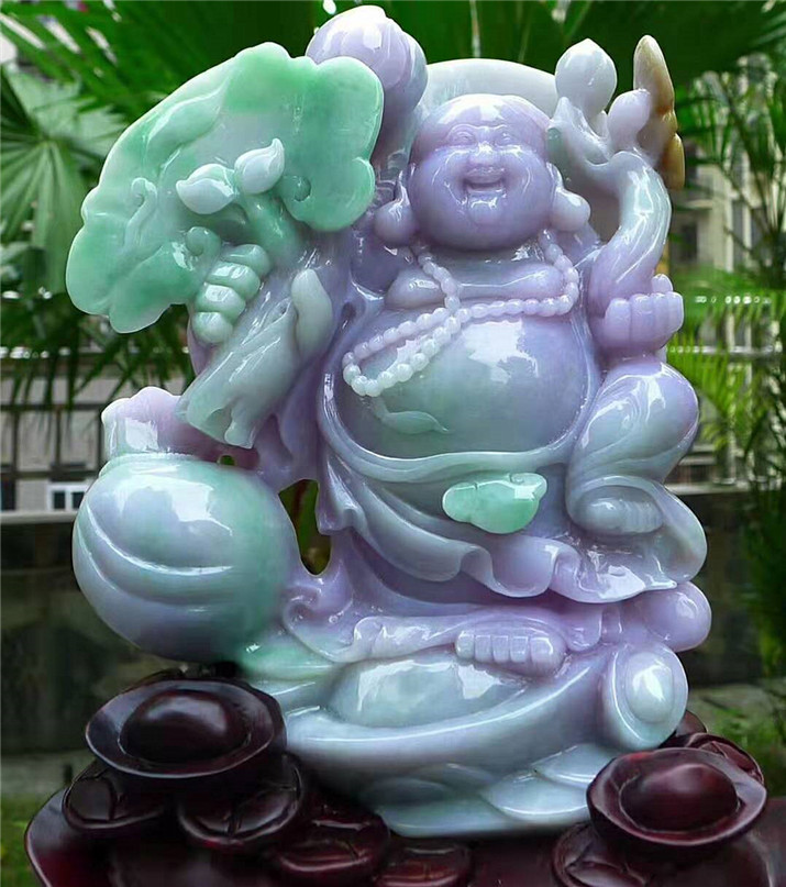 正品天然翡翠A货老坑种 笑口常开笑佛摆件 配鉴定证书