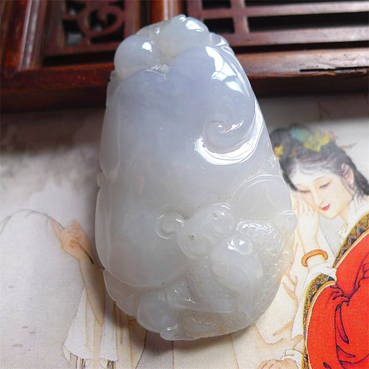 天然翡翠A货老坑种精美水润淡紫色如意金蝉吊坠配证书