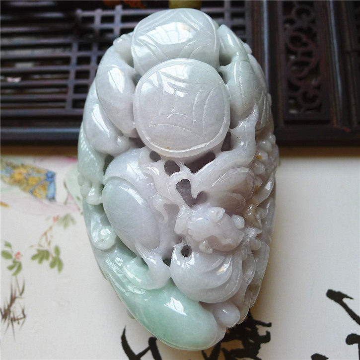 正品天然翡翠A货老坑种翡翠 招财进宝五福临门手把件 配证书