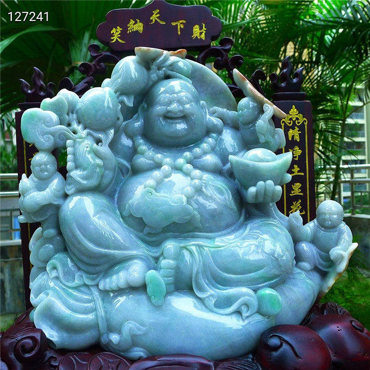 缅甸天然翡翠A货老坑种 精雕招财佛公摆件 配证书