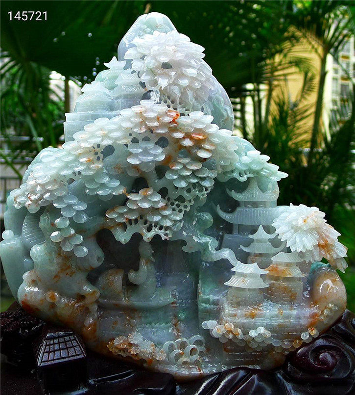 缅甸天然翡翠A货老坑种 精雕高山流水山水摆件 配证书