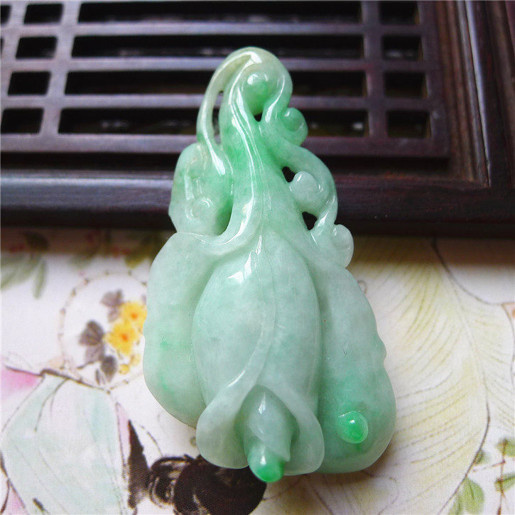 正品天然翡翠A货老坑种翡翠 喇叭花花开富贵吊坠 配鉴定证书