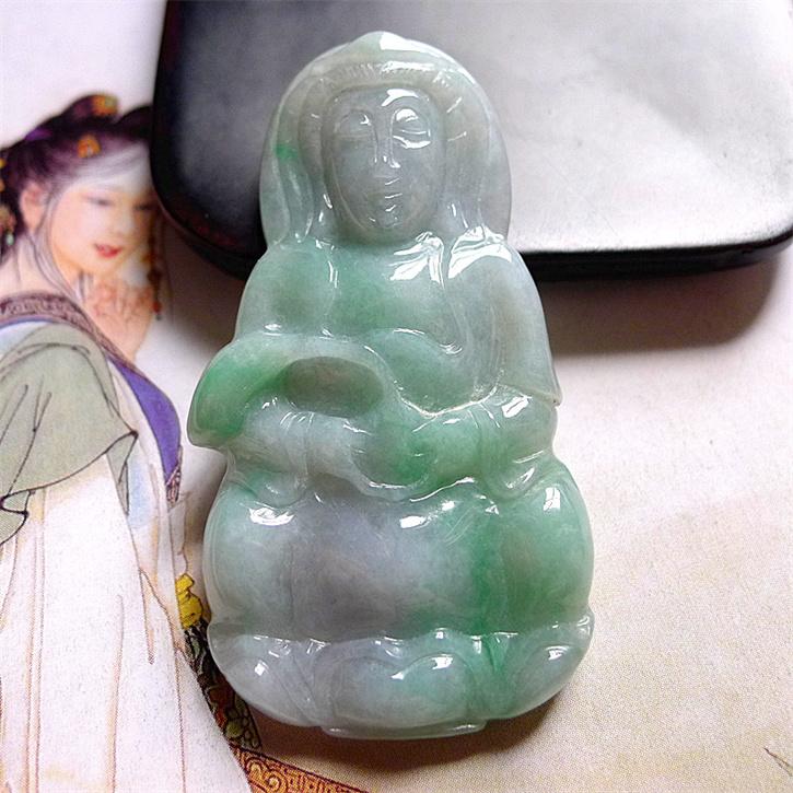 天然翡翠A货老坑种精美水润观音菩萨吊坠配证书
