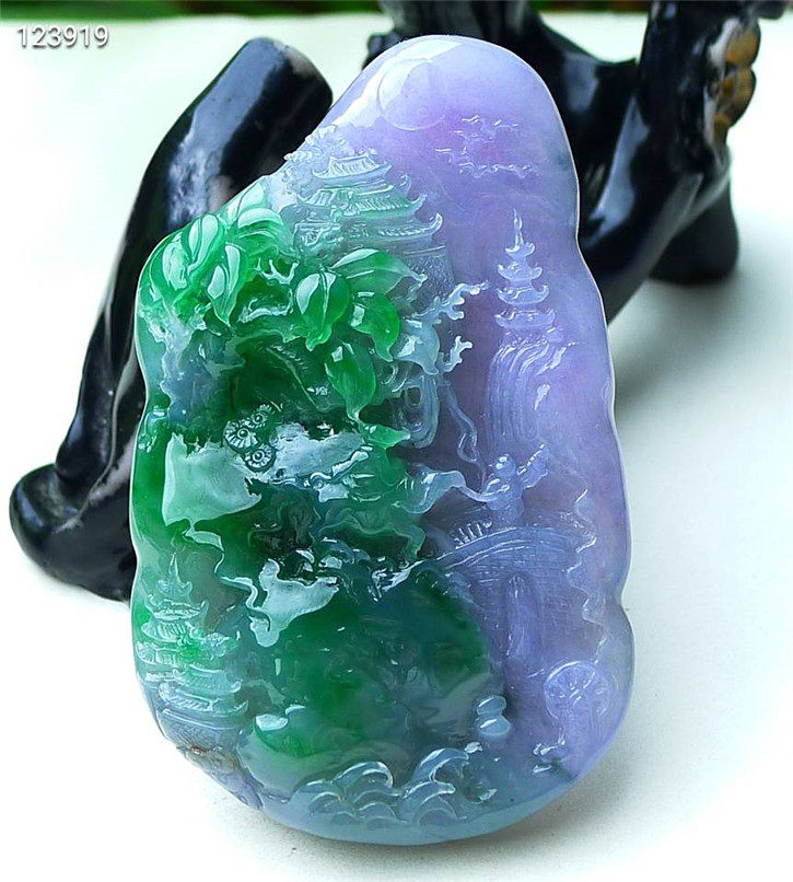 缅甸天然翡翠A货老坑种 精雕阳绿色紫罗兰山水吊坠 配证书