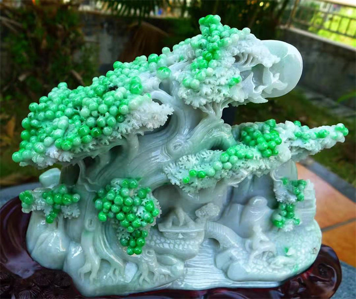 天然翡翠A货老坑种精雕山水摇钱树摆件配证书