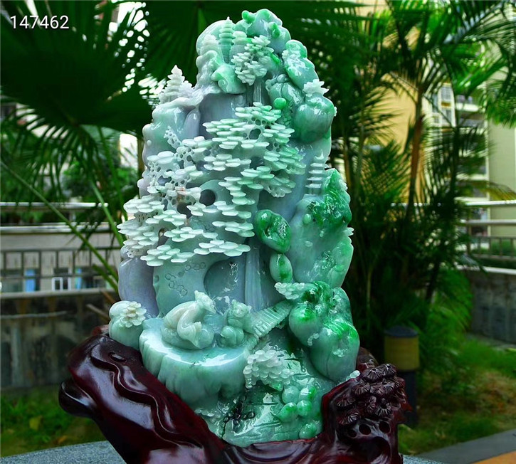 缅甸天然翡翠A货老坑种 精雕高山流水摆件 配证书