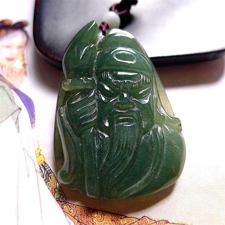 天然翡翠A货老坑种精美水润油青绿色关公吊坠配证书