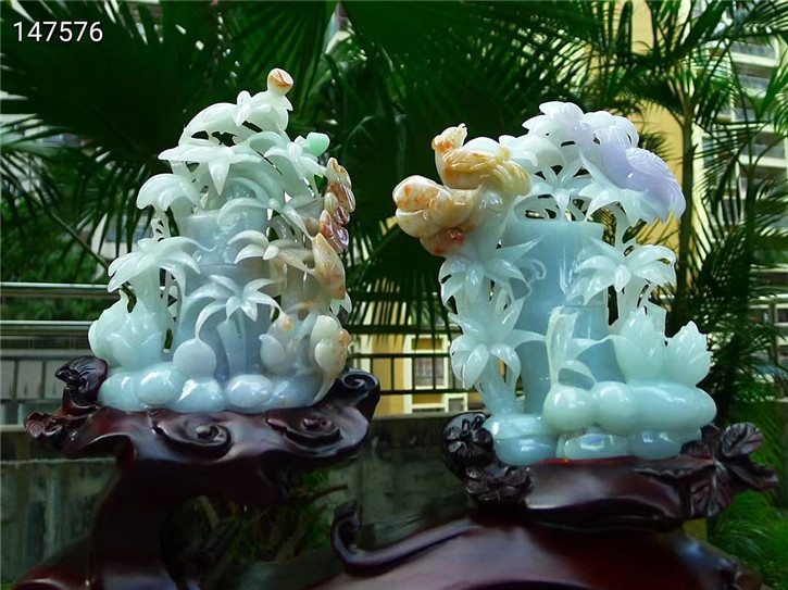 缅甸天然翡翠A货老坑种 精雕节节高富贵竹摆件 配证书