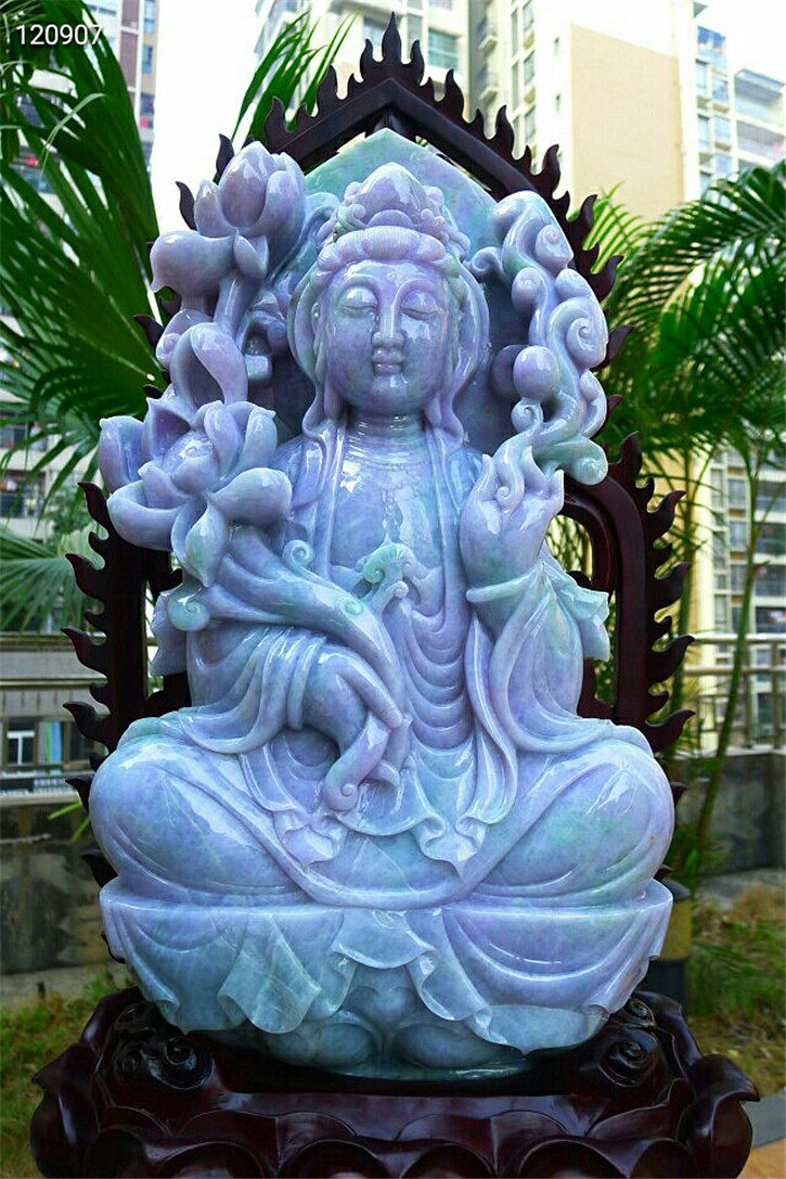 老坑种精雕莲花观音配证书翡翠