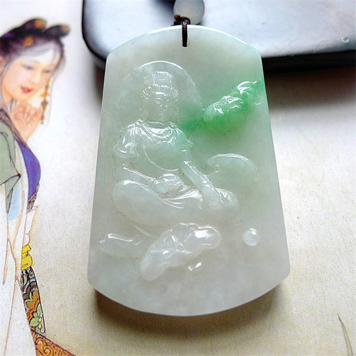 天然缅甸翡翠A货老坑种精美水润送子观音吊坠配证书