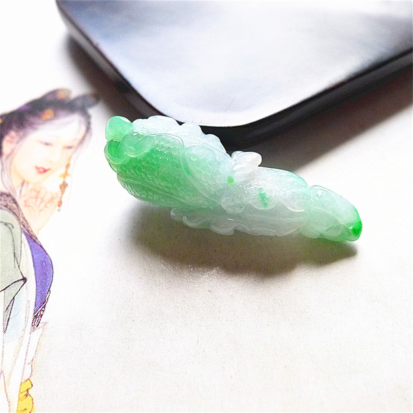 天然缅甸翡翠A货老坑种精美水润如意白菜百财吊坠配证书