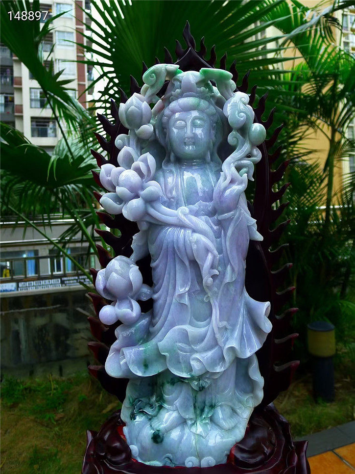 缅甸天然翡翠A货老坑种 精雕紫罗兰莲花观音 配证书