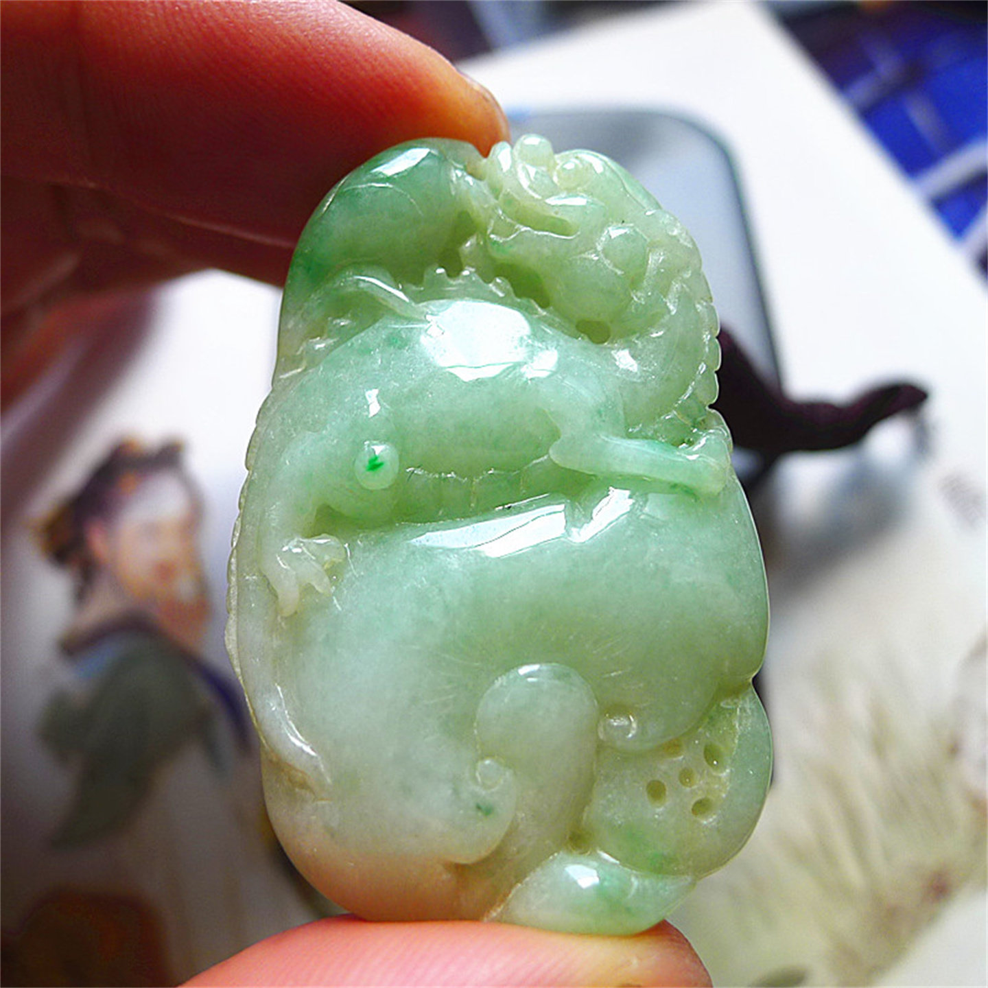 天然缅甸翡翠A货老坑种精雕精美水润招财如意貔貅吊坠配证书