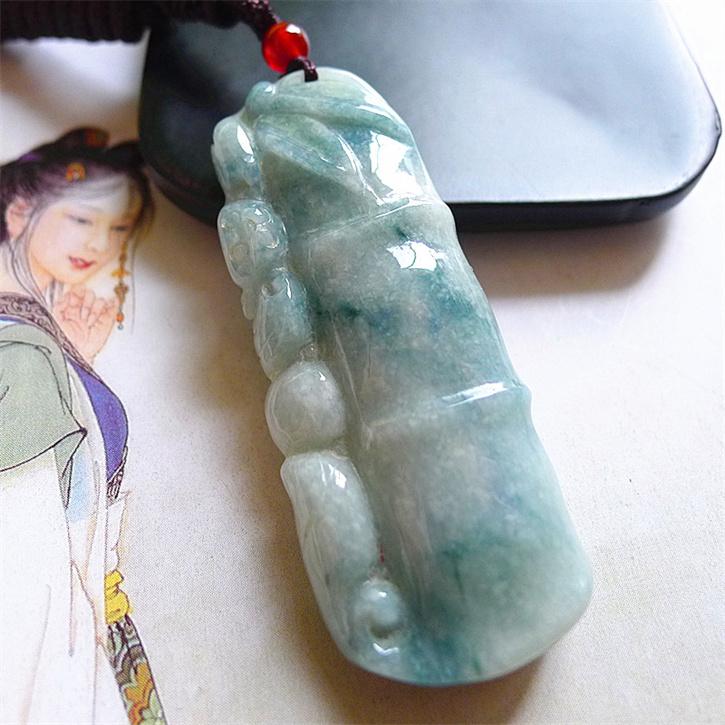 天然翡翠A货老坑种精美水润步步高升富贵竹吊坠配证书