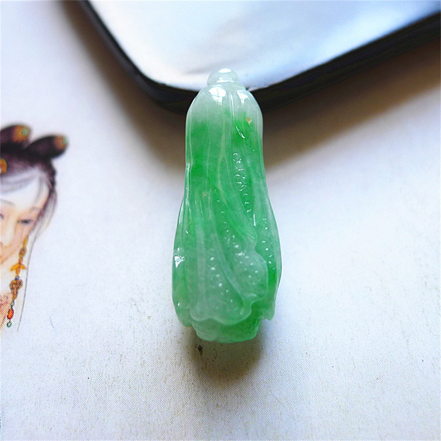 天然缅甸翡翠A货老坑种精美水润阳绿色招财白菜百财吊坠配证书