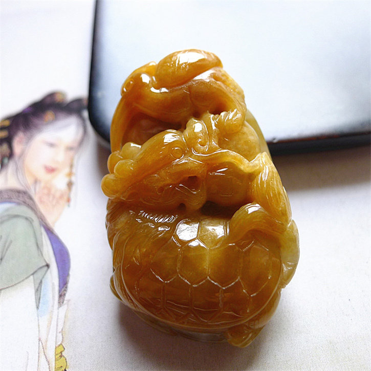天然缅甸翡翠A货老坑种精美水润龙头龟吊坠配证书