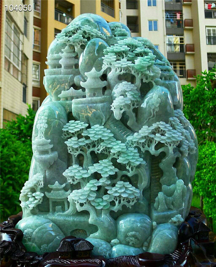 正品天然翡翠A货老坑种 精雕高山流水摆件 配鉴定证书