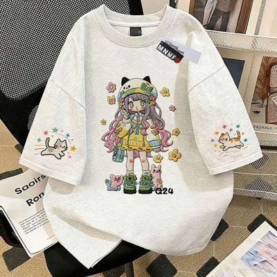 女童纯棉短袖T恤夏季2026新款中鲨鱼小猫大童洋气百搭半袖上衣服 — 3