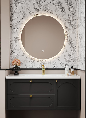 法式橡木浴室柜组合洗手台盆柜洗漱台洗脸盆柜卫生间复古黑色面盆