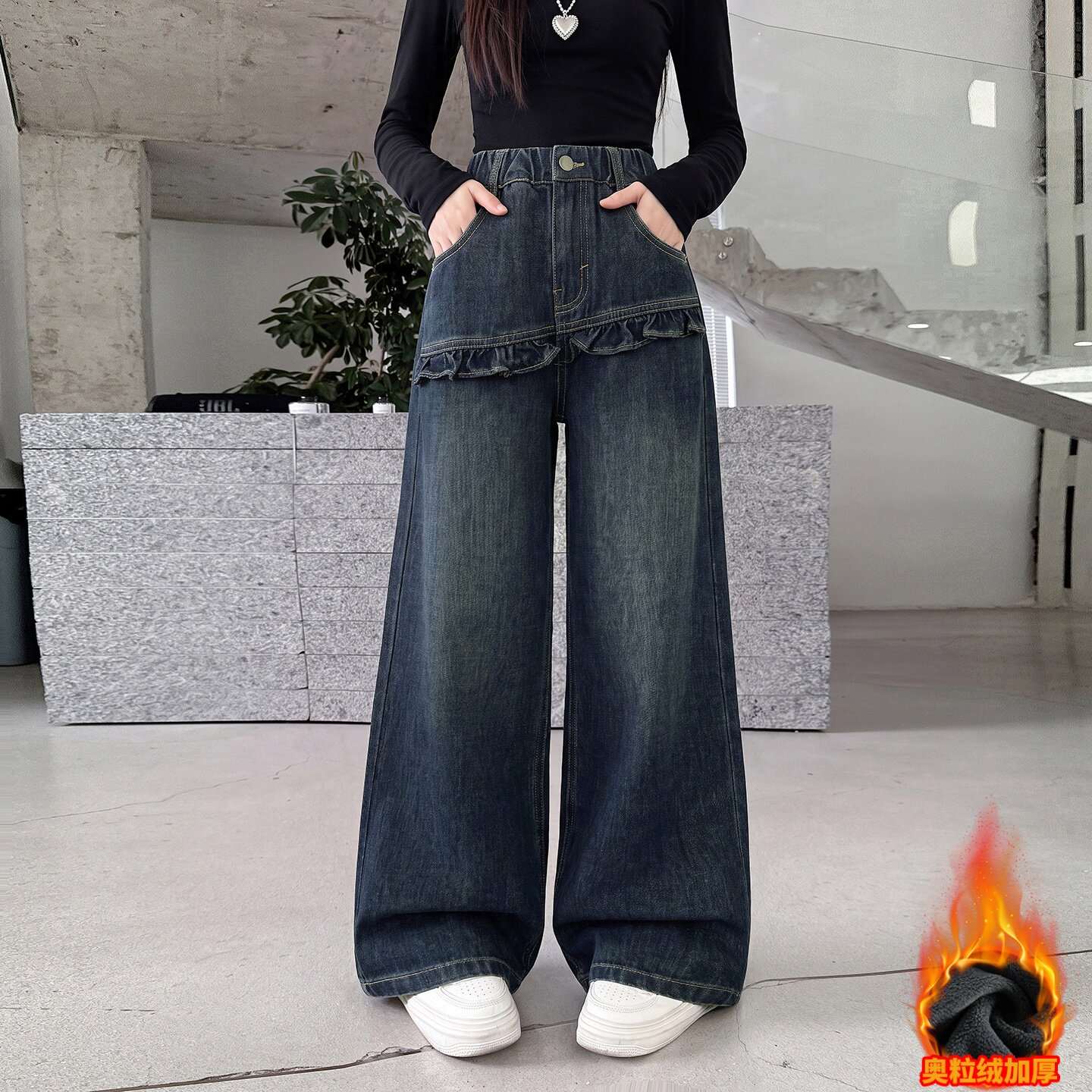 女童加绒牛仔裤冬季2026新款中大童宽松洋气阔腿裤加厚女孩休闲裤