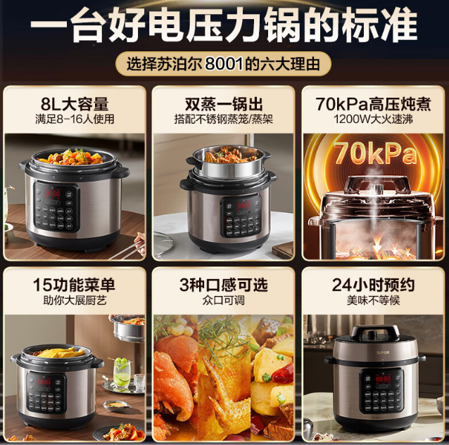 苏泊尔电压力锅8L 带蒸笼蒸煮炖焖 SY-80YC8001电饭煲高压锅