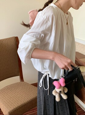 3th Morning 早春新款 韩系抽绳系带圆领宽松长袖衬衫ZY3881