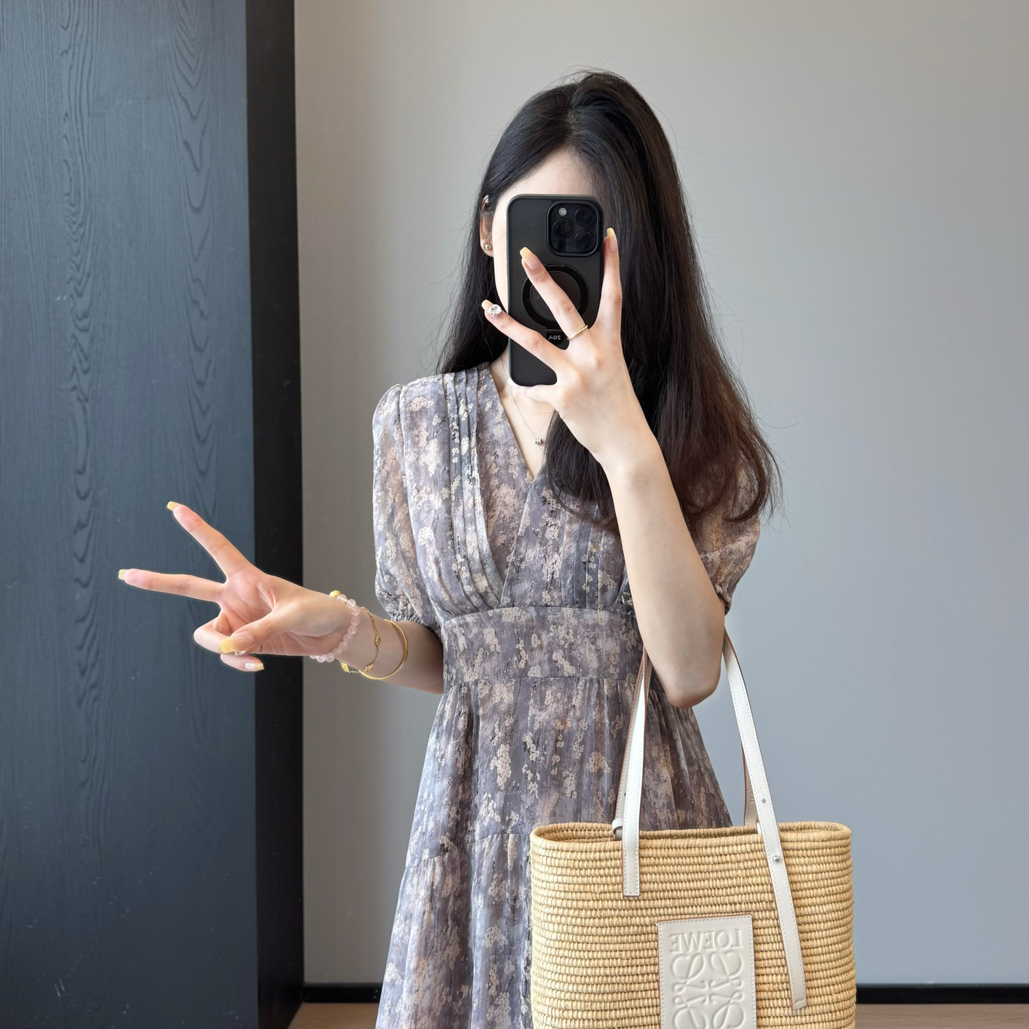 感法式茶歇碎花裙 风琴褶正肩泡泡袖短袖连衣裙长款裙子女夏