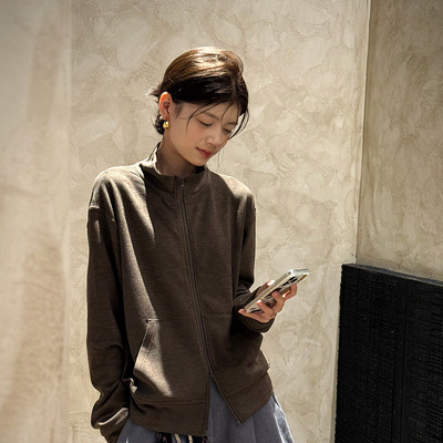 黎诺秋季新款依翡丝暖绒立领双拉链短外套女2025极简百搭绒衫