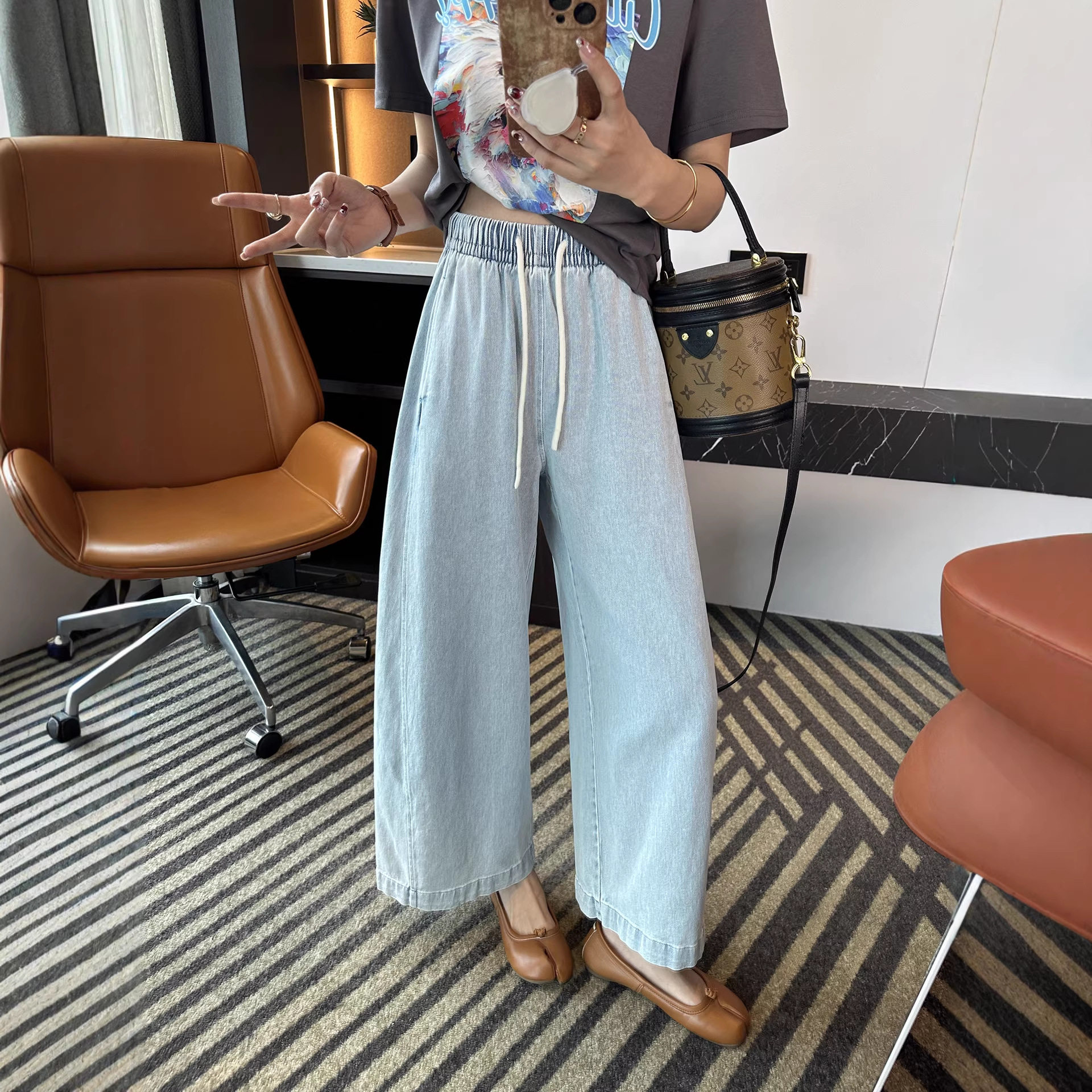 松弛主义！松紧腰砂洗九分弯刀牛仔裤2026新款女小个子宽松阔腿裤