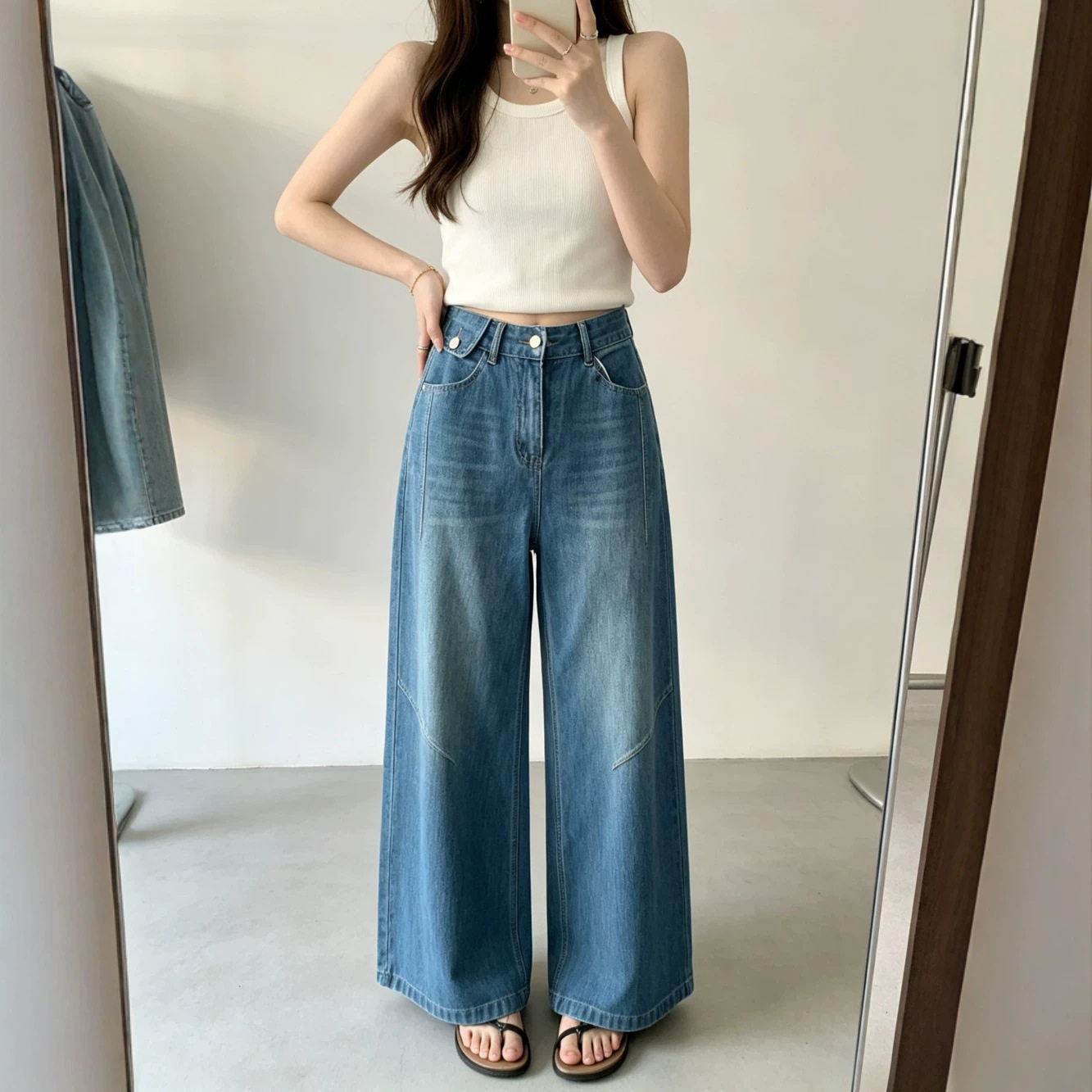 复古蓝色阔腿牛仔裤女 高腰显瘦不挑腿型小个子百搭直筒拖地裤