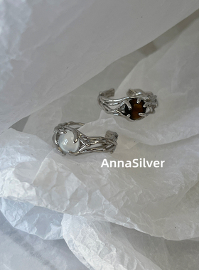 通体S925纯银时尚简约冷淡设计白玛瑙虎眼石编织戒指开口指环