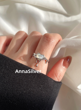 通体S925纯银时尚液态融化镶钻爱心戒指开口指环