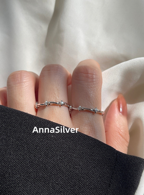 通体S925纯银时尚简约冷淡不规则扭纹芒星锆石戒指开口指环