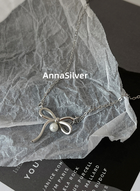 通体S925纯银时尚简约气质甜美通勤珍珠蝴蝶结项链短款