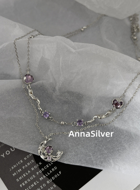 通体S925纯银紫色月亮项链双层镶钻紫钻甜酷短款锁骨项链