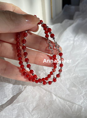 S925纯银时尚新中式红玛瑙手链新年红色珠子串珠手饰