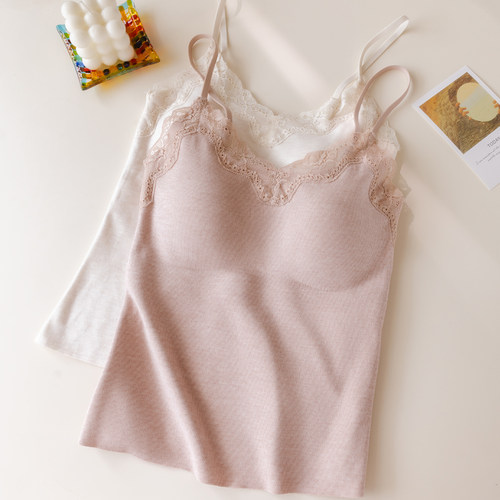 桑蚕丝磨毛蕾丝v领带胸垫吊带背心女保暖内搭显瘦可外穿打底上衣