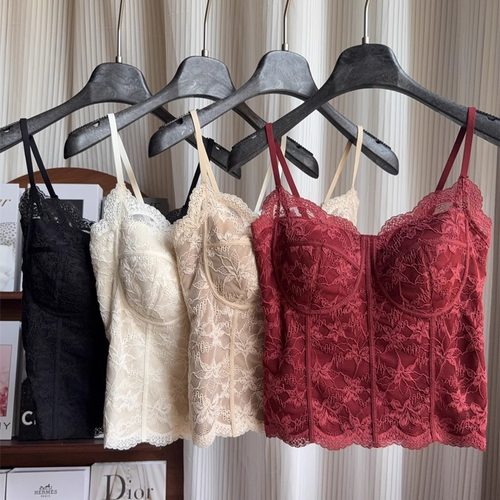 秋冬磨毛法式蕾丝纯欲吊带美背一体杯免穿文胸女修身显瘦保暖背心