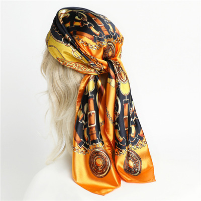 satin scarf 色丁丝巾女链条洋气围巾拼色披肩防晒头巾方巾90cm