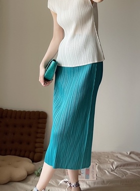 TVTV 褶皱白色小飞袖背心上衣+基础款孔雀蓝绿直筒风琴半身裙